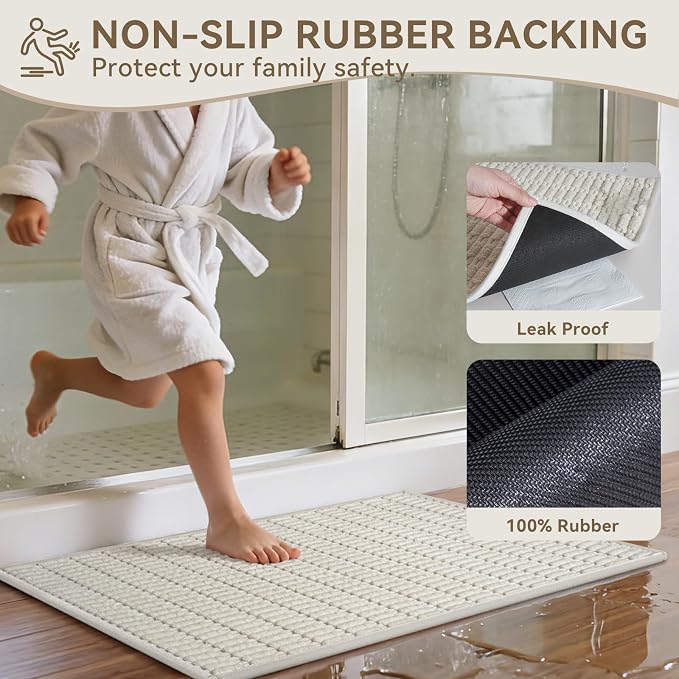 Non-Slip Bath Mat with Rubber Backing, Washable Thin Bath Mats for Bathroom Floor, Absorbent Bathroom Rugs, Quick Dry, Fits Under Door Beige 16x24