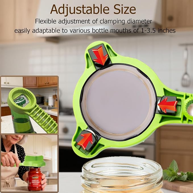 4-in-1 Jar Opener, Adjustable Jar Opener for Seniors, Kitchen Tool Designed Specifically for Seniors and Those with Limited Physical Strength, Suitable For Beer, Salad Dressing, Jar (Green)