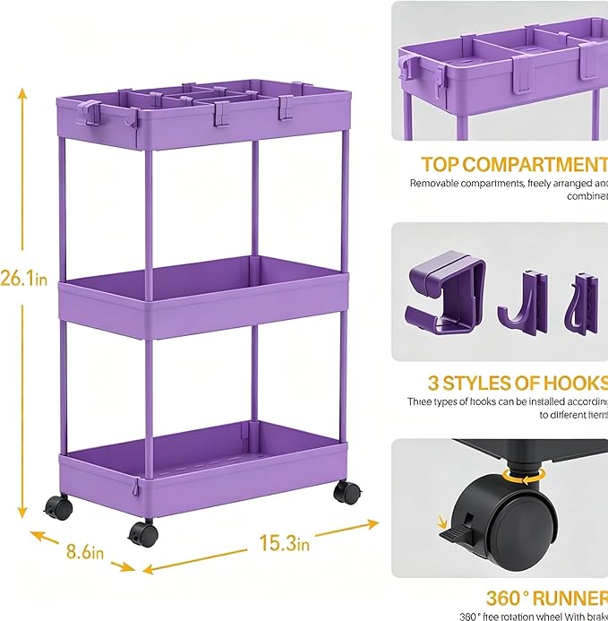 SPACELEAD Slim Storage Cart 3 Tier,Bathroom Organizer Rolling Utility,Mobile Shelving Unit Slide Out for Office, Kitchen, Laundry Room & Narrow Places,Purple