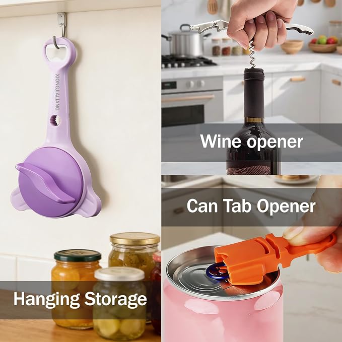 Adjustable Jar Opener for Weak Hands, 4-in-1 Multi-Function Manual Bottle Opener and Corkscrew Set for Seniors with Arthritis, Universal Lid Gripper Kitchen Gadget for All Jar Sizes(purple)