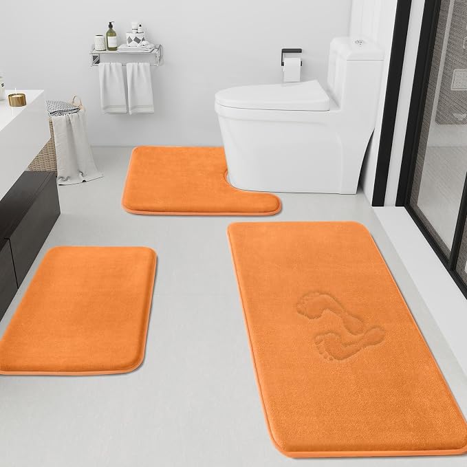 HUXMEYSON Bathroom Rugs Sets 3 Piece, Non-Slip & Quick Dry Bath Mat Set, Ultra Soft Velvet Bath Rugs for Bathroom, Toilet and Shower Floor, Orange