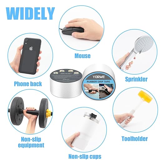 Yorwe Rubber Grip Tape, Ultra-Thin Strong Adhesive Anti-Slip Waterproof Heat Resistant Wear-Resistant Cushion Pad, Making Handles or Contact Surfaces Safer, with Grip and Comfort (Clear, 1In x 10Ft)