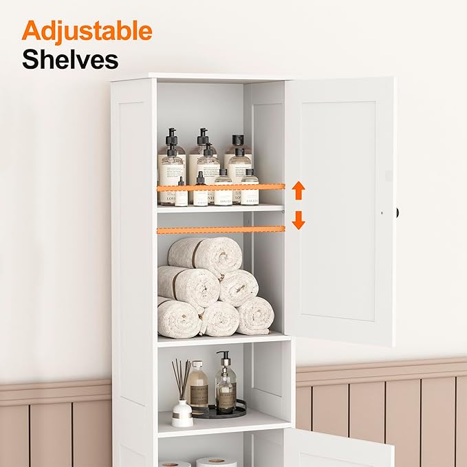 Homleke Tall Bathroom Storage Cabinet with 2 Doors, 67"H Narrow Storage Cabinet with Adjustable Shelves& Anti-Tip Design, Reversible Door Installation, Easy Assembly, 11.8 x 15.7 x 66.9 Inches, White