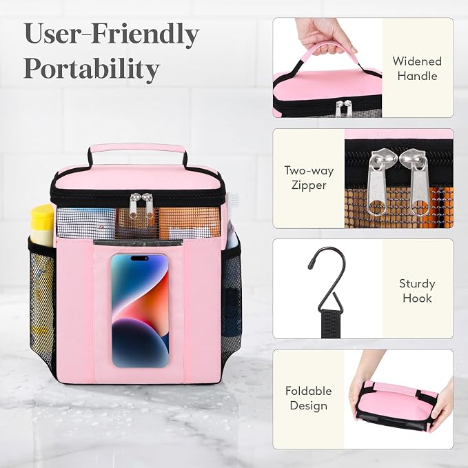 Lifewit Mesh Shower Caddy Bag Portable, Quick Dry Hanging Bathroom Organizer with PVC Phone Bag, College Dorm Room Essentials for Travel, Gym, Camping, Toiletry Tote for Women Men, Medium, Pink