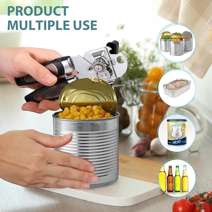 Multifunctional Stainless Steel Manual Can Opener and Bottle Opener, Heavy Duty Hand Held Can Opener with Easy Turn Knob, Sharp Blade Smooth Edge, Good Grips Kitchen Tool for Seniors (Black Silver)