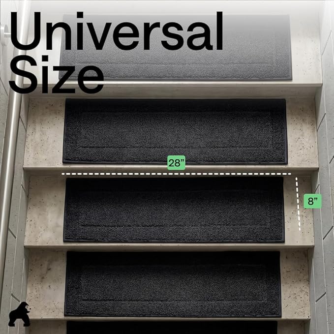 GORILLA GRIP Peel and Stick Stair Treads for Wooden Steps, Multi-Surface Use, Machine Washable Carpet Runners, Indoor Rugs for Stairs, Pet Friendly, Universal Size, 4 Pack Black, 8x28 Inches