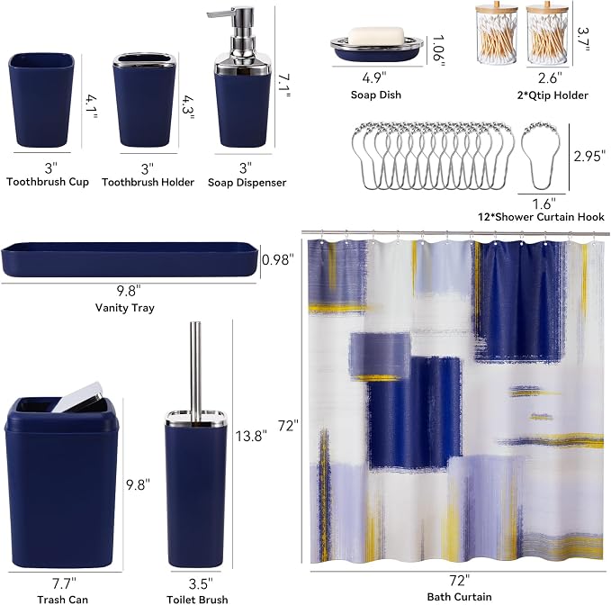 XLHOMO Blue Bathroom Accessories Set, Bathroom Sets with Shower Curtain, Navy Blue Bathroom Accessories with Trash Can, Soap Dispenser, Soap Dish, Toilet Brush Holder, Qtip Holders for Bathroom