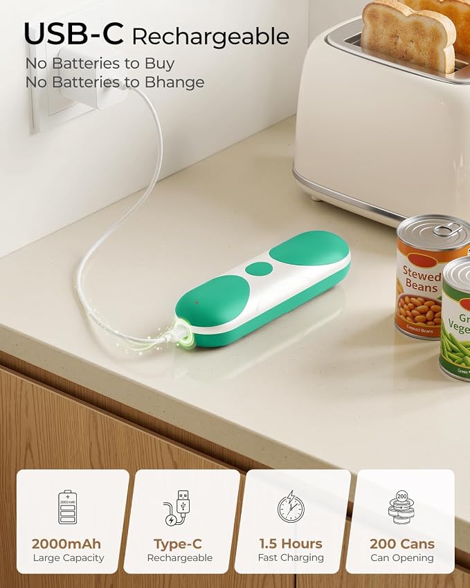 Electric Can Opener, One-Touch Automatic Can Opener, USB Rechargeable Electric Can Opener for Seniors with Arthritis, Side Cut, Smooth Edge, Handsfree, for Any Size Cans (Green/White)