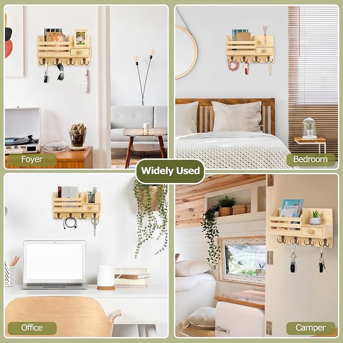 Key Holder Wall Mount, Wooden Adhesive Mail and Key Organizer with Drawer, Small Shelf, 8 Hooks, 2 Installation Methods, Natural