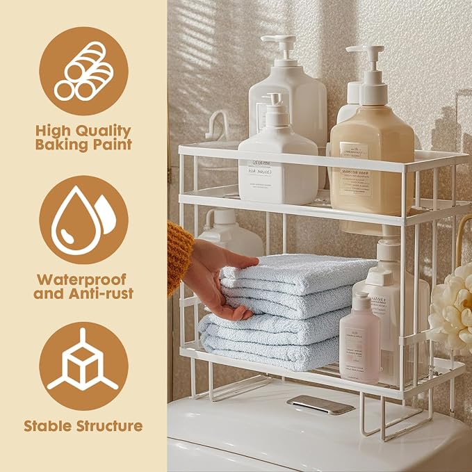ShellKingdom Over The Toilet Storage Shelf, 2 Tier Toilet Paper Holder Stand Shelves, Punch-Free Bathroom Storage Rack with 2 Hooks, Small Space Organizers for Bathroom, Home, Countertop, White