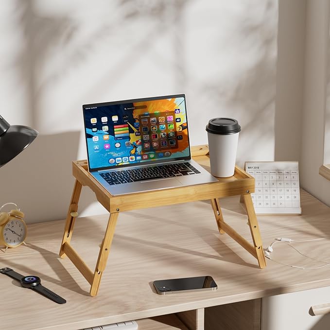 Artmeer Bed Tray Table with Folding Legs, Bamboo Breakfast Food Tray with Media Slot, Use As Platter, Laptop Desk, Snack, TV Tray Kitchen Serving Tray (Bamboo Large Adjustable Legs)