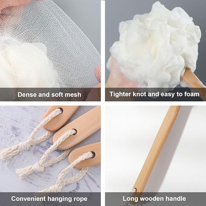 White Loofah with Handle - Back Scrubber for Shower, Exfoliating Body Sponge with Soft PE Mesh and Wood Stick, Clean Look Bath Accessory for Men and Women