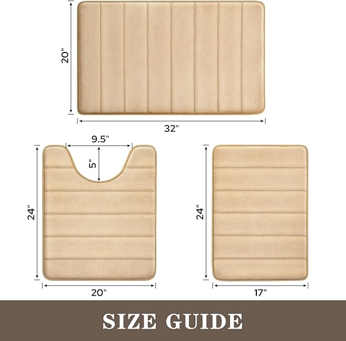 BYSURE Beige Memory Foam Bathroom Rug Set 3 Piece, Non Slip Extra Soft Absorbent Bath Mats, Machine Washable & Dry Toilet Mat Sets for Bathroom Floor