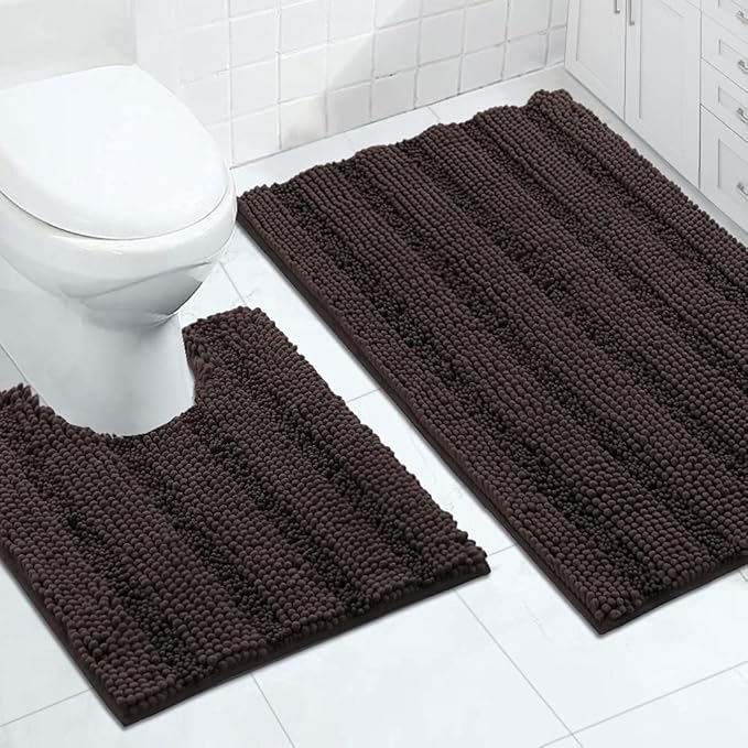 Turquoize Chenille Bathroom Rugs Set Non-Slip Bath Mats for Bathroom Super Absorbent Shaggy Rugs for Tub Shower Toilet Bath Rug Plus U Contour Rug (Oversized: 24" x 36" and 20" x 24" U), Chocolate