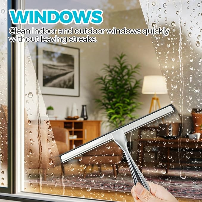 ALFLOD 2PACK All-Purpose Shower Squeegee for Shower Doors, Tile Shower Walls, Bathroom, Window, Glass and Car Windshield, Mirrors and Kitchen-Stainless Steel, 9.9-Inch, Silver