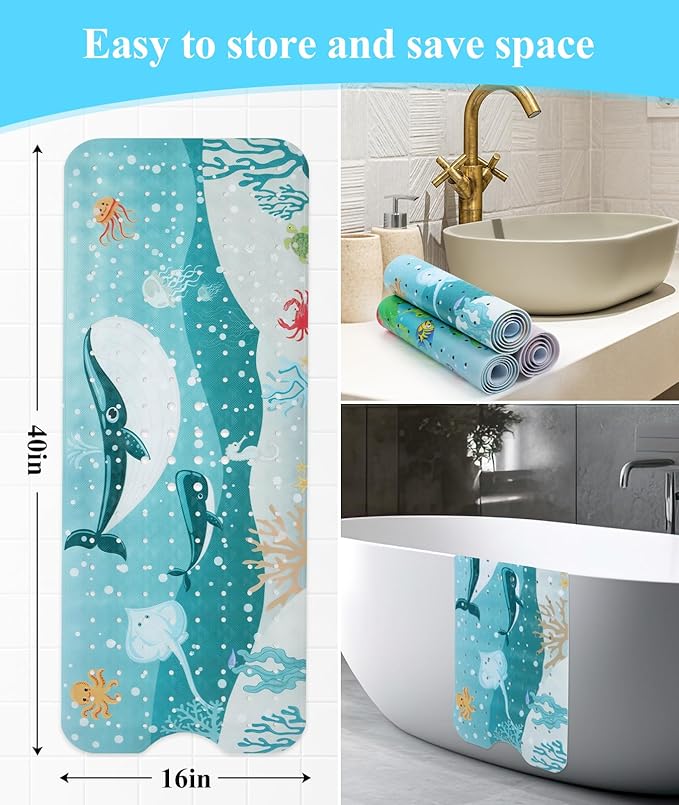 Secopad Bath Mat for Tub Non Slip, Machine Washable Anti-Slip Cartoon Baby Bathtub Shower Mat with Drain Holes and Suction Cups for Toddler & Kids, 40 Inch x 16 Inch, Whales