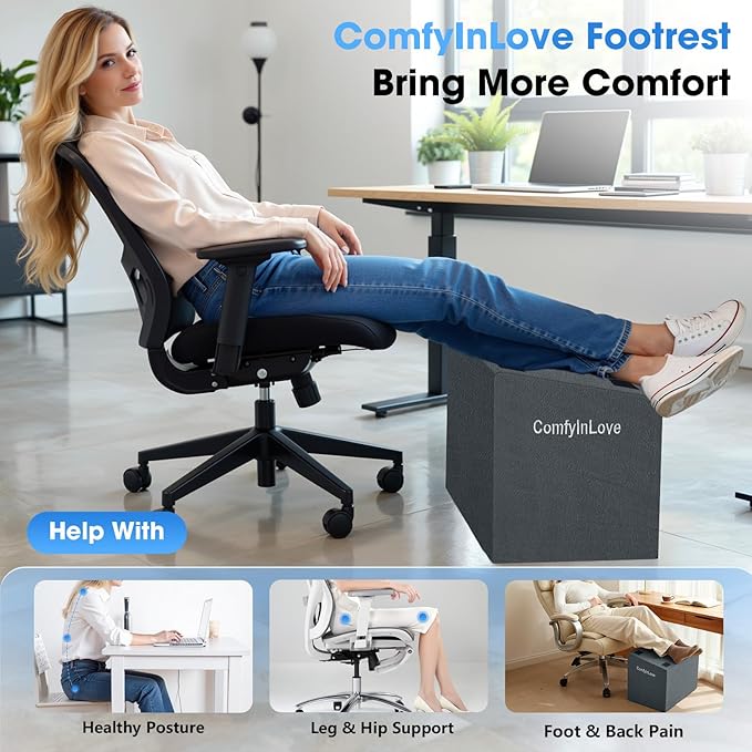 Foot Rest for Under Desk at Work - Non-Slip Foot Stool with 3 Adjustable Heights, Ergonomic Under Desk Footrest with Washable Cover for Leg Elevation, Desk, Home, Office, Car (Dark Grey)