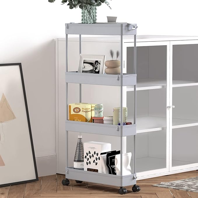 SPACELEAD Slim Storage Cart 4 Tier,Bathroom Organizer Rolling Utility,Mobile Shelving Unit Slide Out for Office, Kitchen, Laundry Room & Narrow Places,Gray