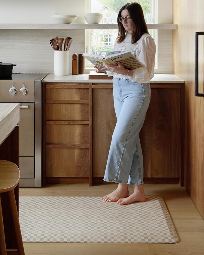 House of Noa Nama Standing Mat – Anti-Fatigue Cushioned Kitchen Mats for Floor | Ergonomic Bounce-Back Foam Kitchen Mats | Anti-Fatigue Mats for Kitchen & Standing | Checker Almond | 22" x 36"