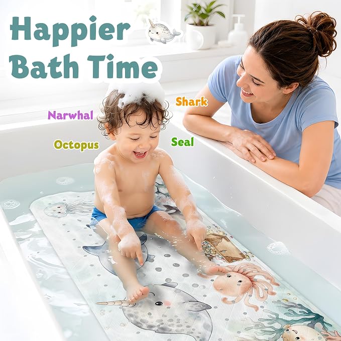 XIYUNTE Baby Bath Mat for Tub Non Slip Kids, BPA Free Extra Long Bathtub Mat 40x16 with Drain Holes and 200 Suction Cups, Non Toxic Machine Washable Toddler Bath Mat, Eco-Friendly Certified