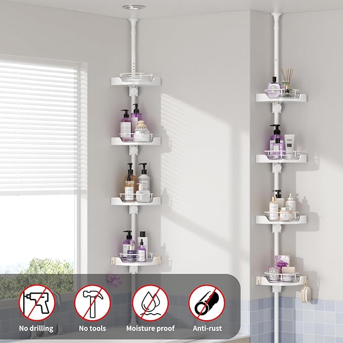 YCIA&DONE 360° Rotating Shower Caddy Tension Pole, 4 Tiers Corner Shower Organizer for Bathroom Shelf Bathtub, Adjustable Standing Shower Rack, Easily Assemble, 34-124 Inch Height, White