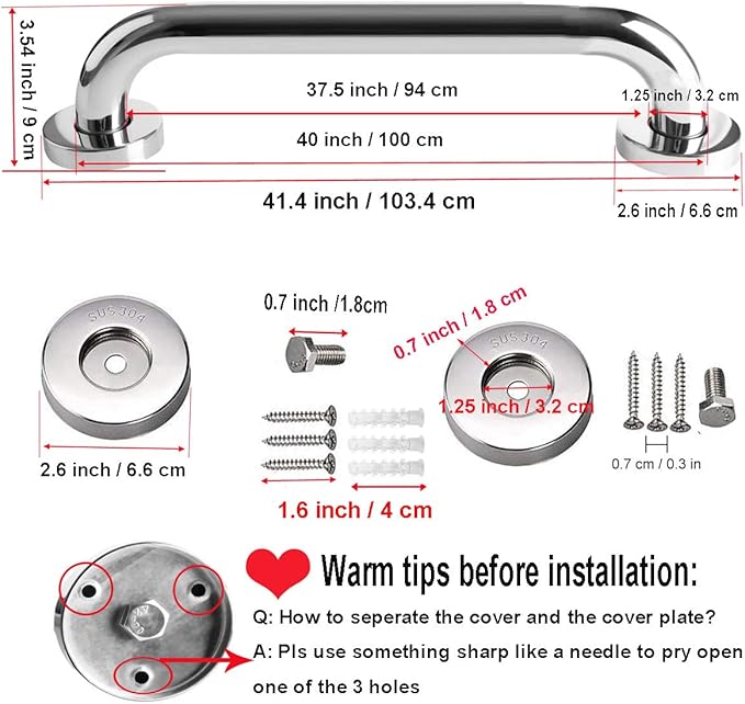 2 Pack 40 Inch Shower Grab Bar, iMomwee SUS304 Stainless Steel Bathroom Grab Bar Handle, Bathroom Shower Balance Bar,Safety Hand Rail Support,Handicap Elderly Senior Assist Bath Handle(1.25" Diameter)