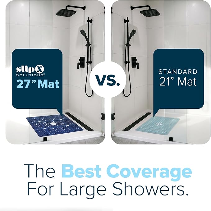SlipX Solutions 27" Oversize Square Shower Mat, Non-Slip Mat for Elderly & Kids, 100+ Power Grip Suction Cups for Smooth Surfaces, Machine Washable, Navy