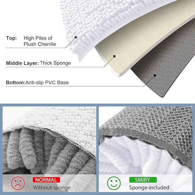 Smiry Luxury Chenille Bathroom Rugs 45x27, Extra Soft and Absorbent Shaggy Bath Mat, Machine Washable, Non-Slip Plush Carpet Runner for Tub, Shower, and Floor, Home Decor Accessories, White