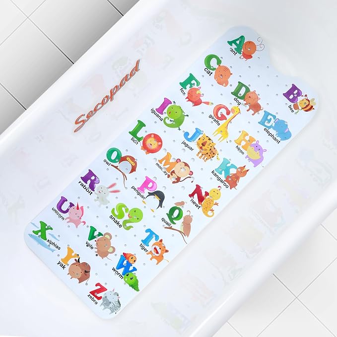 Secopad Bath Mat for Tub Non Slip, Machine Washable Anti-Slip Cartoon Baby Bathtub Shower Mat with Drain Holes and Suction Cups for Toddler & Kids (40 Inch x 16 Inch-Rectangular, Alphabet and Animals)