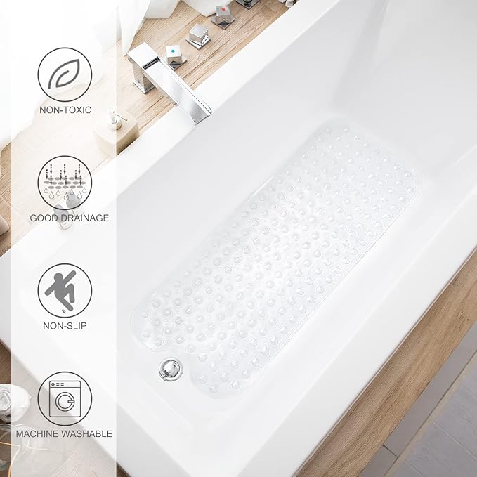 TEESHLY Bathtub Mats for Shower Tub, Extra Long Non-Slip 39 x 16 Inch Bath Mat with Drain Holes and Suction Cups, BathMat for Bathroom with Machine Washable (Clear)