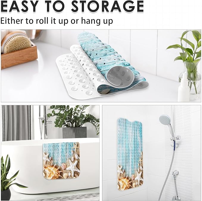 Seashells Summer Bath Mat Non Slip, Space Beach Wood 40 X 16 Inch Extra Long Bathtub Shower Mat for Tub Anti Slip with Suction Cups and Drain Holes for Kids Adults Elderly