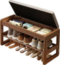AQIMUELE Shoe Rack Bench,2 Tiers Shoe Bench with Storage with Flip-Top,Wood Shoe Rack for Entryway,Hallway（Walnut Upholstered Seat,11.8" D x 31.5" W x 15.7" H）