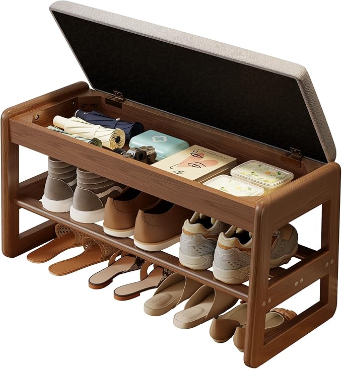 AQIMUELE Shoe Rack Bench,2 Tiers Shoe Bench with Storage with Flip-Top,Wood Shoe Rack for Entryway,Hallway（Walnut Upholstered Seat,11.8" D x 31.5" W x 15.7" H）