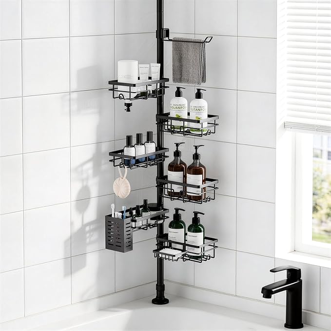 Shower Caddy Organizer Tension Pole, Rustproof 6-Pack Corner Shelf with 30-120 Inch Adjustable Shower Rack for Inside Shower, Extra Towel Bar & Soap Dish for Bathroom Organizers and Storage, Black