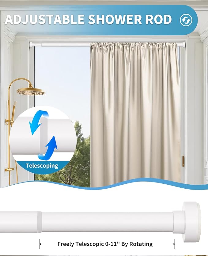 White Shower Curtain Rod 34-82 Inches(2.8-6.8ft) Adjustable Shower Rod No Drilling Non-slip Never Rust Shower Tension Rod for Bathroom Bedroom Windows Outdoor Garden