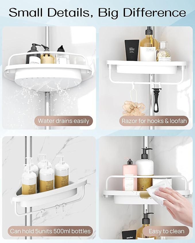 ALLZONE Corner Shower Caddy Tension Pole, Extendable Rustproof Stainless Steel Pole & 4-Tier Adjustable Shelves for Easy Drainage and Built-to-Last Stability, 34 to 116 Inches, White