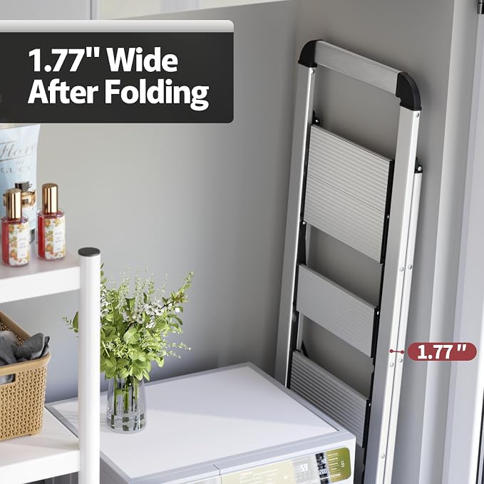 KINGRACK Aluminium 5 Step Ladder, Lightweight Step Stool with Non-Skid Pedals, Handrail, Foldable Step Ladder for Kitchen, Garage, Home, Space Saving, Sturdy and Portable, Silver