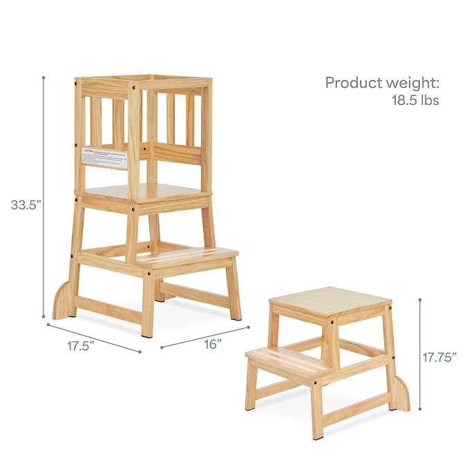 Dream On Me 2-in-1 Funtastic Tower and Step Stool, Toddler Step Tower for Learning & Play, Safety Rails, Anti-Skid Pads, Non-Slip Strips & Stabilizer Fins for Safe Counter Activities - Natural