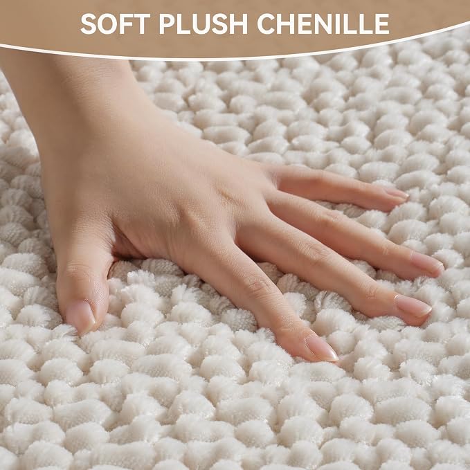 20x32 Extra Soft Chenille Bathroom Rugs - Non Slip Quick Dry Absorbent & Washable Bath Mat, Thin Low Profile Fit Under Door, Shower Mat for Outside Shower - Beige