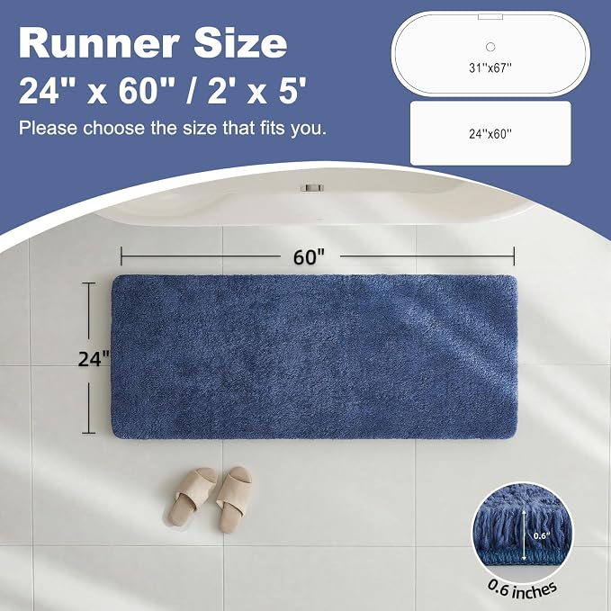 TYUU Bathroom Runner Rug, Ultra Soft Long Bath Mat Machine Washable Super Absorbent Quick Dry Bathroom Runner Rugs 24 x 60 Non Slip, Denim Blue 24" x 60"