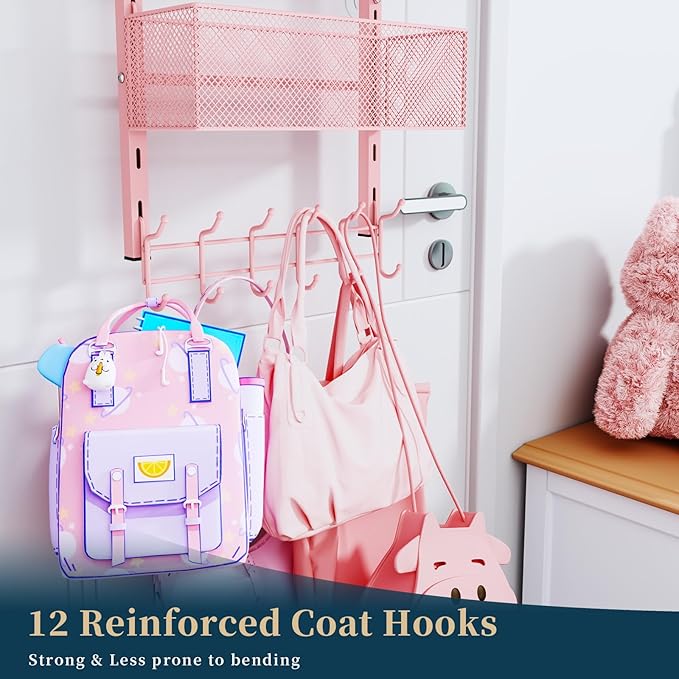 Consumest Over The Door Hooks Organizer - 4 Tier Door Coat Rack with 3 Baskets and 12 Hooks, Stainless Steel Towel Hanger for Bedroom, Bathroom, Living Room, Pink