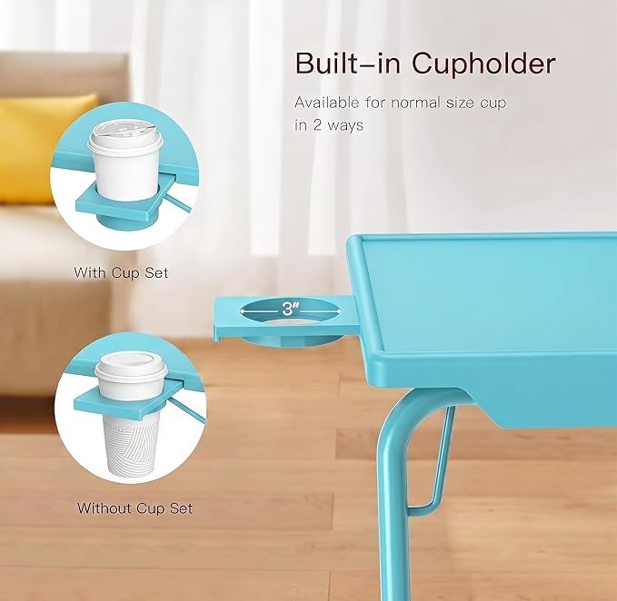 HUANUO Adjustable TV Tray Table - TV Dinner Tray with Cup Holder on Bed & Sofa, Comfortable Folding Table with 6 Height & 3 Tilt Angle Adjustments for Laptop (Azure)