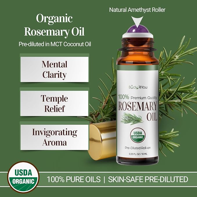 Rosemary Essential Oil Roll On for Hair Growth Scalp Massage Care - 100% Pure USDA Organic MCT Coconut Oil - Eyebrow Beard Growth Hairline Roots Mental Clarity Focus - Gemstone Roller 10ml Travel Size