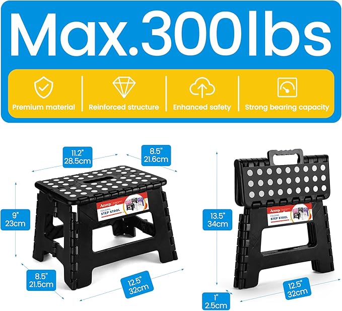 ACSTEP Folding Step Stool 9 Inch, Sturdy Collapsible Kitchen Step Stool Foldable for Kids, Toddlers & Adults, Non Slip Lightweight Foot Stools with Handle, Holds 300 lbs Ideal for Bathroom Bedroom