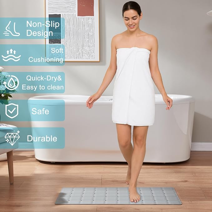 Webos Non-Slip Bath Mat for Tub & Shower：Silicone Foldable Bathtub Mat with Strong Suction Cups, Quick Drain Holes, Machine Washable Extra Large Bathroom Mats 35.8" x 17.7", Grey