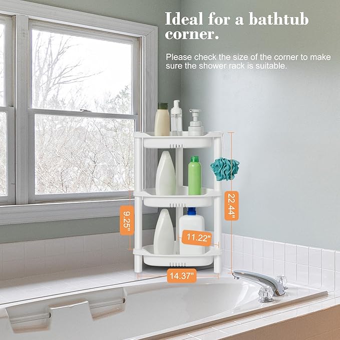 ELYKEN 3 Tier Shower Caddy Organizer Shelf Corner, 14.4 x 11.2 x 22.4 Inches, Rustproof, Plastic Shower Rack Stands for Inside Bathroom, Bathtub, White