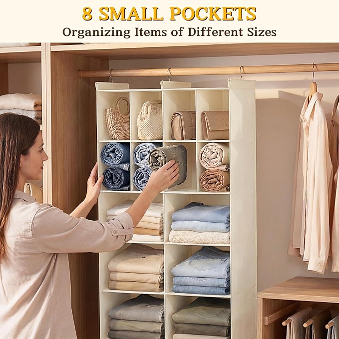 Ofiray-home 3 Tier Hanging Closet Organizer, 10 Compartments Sweater Organizer for Closet with 3 Sturdy Hooks, Closet Organizers and Storage, Wardrobe, Rv, Garment Rack, Beige