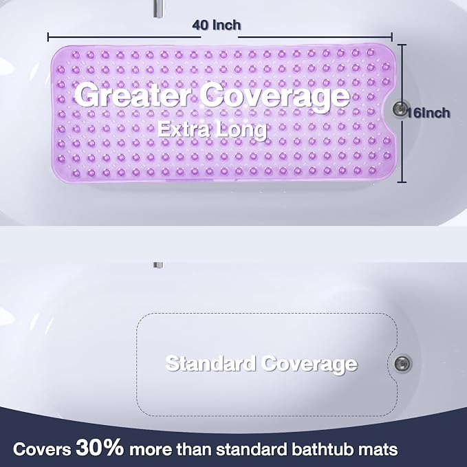 Extra Long Bathtub Mat Non Slip, Clear Purple Soft Bath Mat for Tub 40 x 16 Inch Full Size, Bath Tub Shower Mats for Bathroom Floor, Big Suction Cups and Drain Holes, Easy Washable, BPA Free