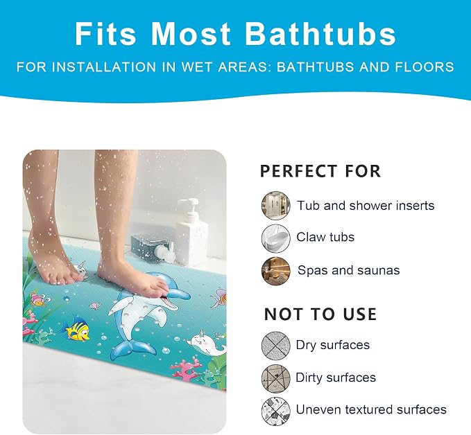 XIYUNTE Baby Bath Mat for Tub Non Slip Kids Bath Mat - 40''x16'' Extra Long Cartoon Bathtub Mat Non Slip Kids Shower Mat Eco-Friendly Toddler Bath Mats with Suction Cups, Machine Washable