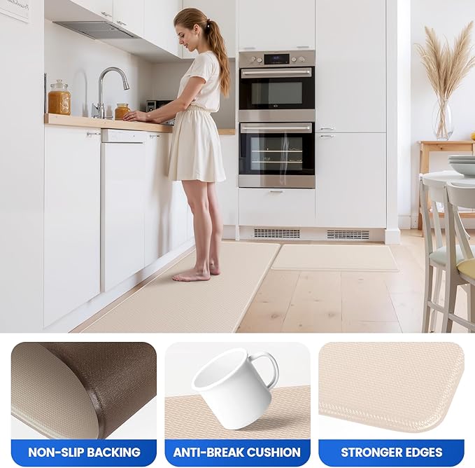 KitchenClouds Kitchen Mats for Floor,3PCS Kitchen Rugs,Non Slip Anti Fatigue Mats for Kitchen Floor,Waterproof Sink Mat,Cushioned Standing and Comfort Mats for Office,Khaki